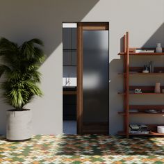 a potted plant sitting on top of a tiled floor next to a book shelf