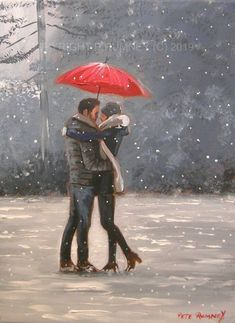 a painting of two people hugging under an umbrella in the rain with snow falling on them