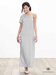 BR Monogram Silk One-Shoulder Dress Formal Summer Dress With Side Zipper, Formal One-shoulder Dress With Side Zipper, Formal Summer Dress With Cutaway Shoulders, One Shoulder Dress For Work, Br Monogram, Comfy Chic Outfits, Silver Dress, Weekend Wear, Silver Screen