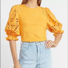 Nwt Express Women Ladies Eyelet Lace Gold Yellow Sleeve Top Balloon Crochet Medium. Brand New With Tag First Time Buying On Poshmark? Use My Code: Sedasfashion To Save $10: Https://Posh.Mk/W6uksbiijab Yellow Crew Neck Blouse For Spring, Trendy Yellow Crochet Top For Spring, Fall Yellow Crew Neck Blouse, Mustard Crew Neck Top For Spring, Fitted Yellow Crochet Top For Spring, Spring Mustard Crew Neck Top, Yellow Cotton Crochet Top For Spring, Casual Mustard Tops For Brunch, Yellow Tops For Fall Brunch