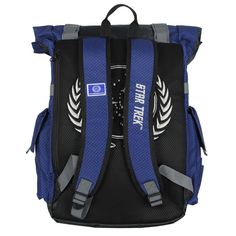 a blue and black backpack with an emblem on the front, two zippers at the bottom