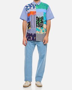 Short sleeve patch shirt with multicolor patch. Color light blue, multicolorComposition: 100% Cotton Short Sleeve Patchwork Shirt For Streetwear, Patchwork Short Sleeve Shirt For Streetwear, Blue Patchwork Short Sleeve Top, Casual Light Blue Patchwork Tops, Casual Short Sleeve Tops With Patches, Casual Multicolor Patchwork T-shirt, Blue Cotton Patchwork Tops, Blue Patchwork T-shirt For Summer, Casual Crew Neck Shirt With Patchwork