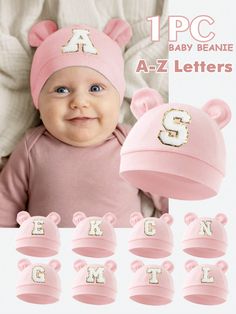 1pc 26 Letter Pattern Cotton Infant Beanie Hat, Newborn Hospital Hat, Suitable For Daily Warm Protection For Baby Girls Pink Casual,Daily   Fabric  Newborn Hat   Kids Accessories, size features are:Bust: ,Length: ,Sleeve Length: Infant Beanie, Newborn Hospital Hats, Newborn Hospital, Bear Ears, Newborn Hat, No Foundation Makeup, Kids Hats, Letter Patterns, Cute Bears