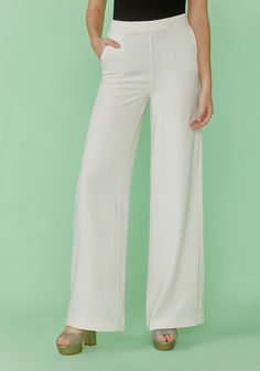 Pave your path to a promise in these soft light ivory-hued wide-leg bridal pants from our ModCloth namesake label. Made of a structured-yet-flowy material with just enough stretch at every angle, your wedding day ensemble is ready for all your memory making moments. Featuring a high-waisted fit and vent pockets at each hip, this special occasion trouser forms around the hip and trumpets outward from the thigh for drama with every stride. Shell: 98% Polyester, 2% Spandex. Lining: 95% Polyester, 5 Vintage Style Swimwear, Bridal Pants, Casual Dresses Plus Size, Midi Dress Plus Size, Tunic Hoodie, Vintage Swimwear, Wide Leg Dress Pants, Plus Size Outerwear, Trumpets