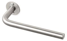 a stainless steel toilet roll holder on a white background with clipping for the handle