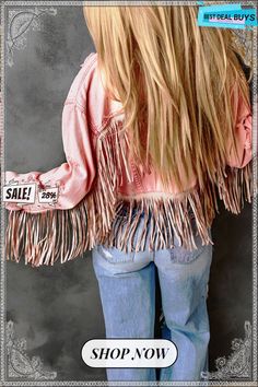 Malibu Pink Distressed Fringed Cropped Denim Jacket Spring Festival Outerwear With Frayed Hem, Casual Fringe Denim Jacket For Spring, Festival Long Sleeve Outerwear With Frayed Hem, Bohemian Outerwear With Frayed Hem For Spring, Trendy Fringe Denim Jacket For Spring, Spring Denim Jacket With Fringe In Cotton, Spring Cotton Denim Jacket With Fringe, Spring Bohemian Denim Jacket With Frayed Hem, Fringe Cotton Denim Jacket For Fall