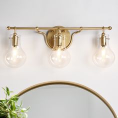 three light bathroom fixture with brass finish and clear glass bulbs on the wall next to a mirror