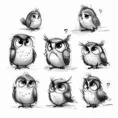 some drawings of owls with different facial expressions