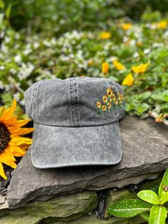 Sunflowers Side Embroidery Cotton Baseball Cap in Distressed Black or Distressed Navy Sunflowers Side Embroidery Cotton Baseball Cap One Size Fits Most Adjustable Strap 100% Cotton Black Embroidered Baseball Cap For Spring, Embroidered Flower Baseball Cap, One Size, Embroidered Flower Shaped Hat, Embroidered Cap, Embroidery Cotton, Hair Accessories Jewelry, Instagram Icons, Holiday Collection, Baseball Cap