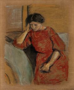 a painting of a woman in a red dress sitting on a couch with her hand to her head