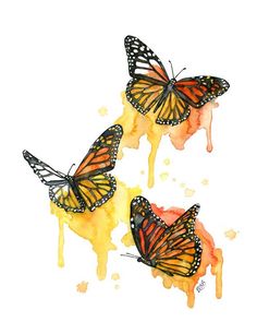 watercolor painting of three monarch butterflies flying in the air with dripping yellow paint on their wings