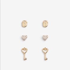 Ann Taylor Heart Key And Lock Stud Earring Set Heart Lock And Key, Key And Lock, Starburst Earrings, Heart Lock, Heart Key, Link Earrings, Gold Pearl Earrings, Silver Bow, Lock And Key