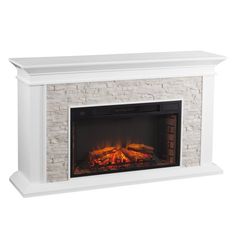 an electric fireplace is shown in white