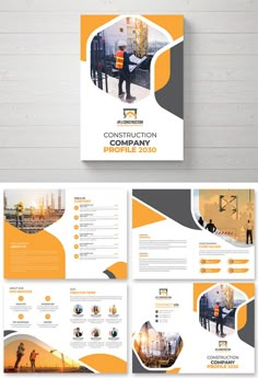 an orange and gray brochure is shown on a white background with the words construction company