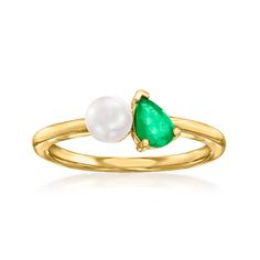 Ross-Simons - 5mm Cultured Pearl, .30ct Emerald Toi et Moi Ring in 14kt Yellow Gold. Size 9. French for "you and me," Toi et Moi rings are a unique way to celebrate a special relationship in your life. Wear our on-trend, two-stone designs as a sentimental symbol of romance, friendship, family - or simply treat yourself to double the sparkle! This elegant take on the trend features a 5mm cultured freshwater pearl glowing beside a lush .30 carat pear-shaped emerald. Crafted in polished 14kt yellow White Pearl Ring, Emerald Birthstone, Pearl Engagement Ring, Jewelry Essentials, Ring Pictures, Emerald Stone, Emerald Ring, The Trend, Pearl Ring