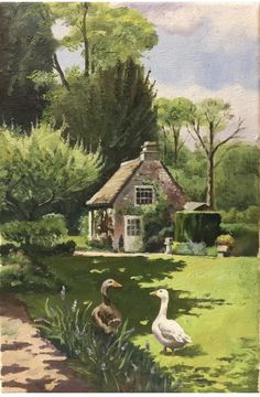 a painting of two ducks in front of a house with trees and bushes around it