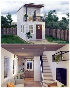 two pictures side by side of a small house and the same one with stairs leading up to it