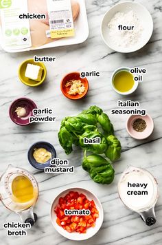 the ingredients for this recipe are laid out on a marble surface