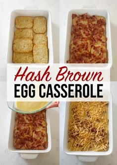 four different types of hash browns in white casserole dishes with text overlay that reads hash browns egg casserole