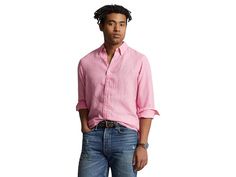 Polo Ralph Lauren Classic Fit Long Sleeve Linen Shirt - Men's Clothing : Florida Pink : A Polo Ralph Lauren Classic Fit Linen Shirt that will keep you feeling as cool as you look. Button-down collar. Buttoned placket. Long sleeves. Shirttail hemline. Signature pony player embroidery at left chest. Split back yoke with box pleat. 100% linen. Machine wash, tumble dry. Imported. Measurements: Length: 31 in Chest Measurement: 45 in Sleeve Length: 33 in Product measurements were taken using size MD. Please note that measurements may vary by size. Casual Pink Dress Shirt For Work, Casual Pink Dress Shirt For Spring, Pink Collared Casual Dress Shirt, Casual Pink Collared Dress Shirt, Pink Casual Collared Dress Shirt, Casual Dress Shirt With Relaxed Fit And Spread Collar, Casual Pink Button-up Dress Shirt, Casual Short Sleeve Dress Shirt For Daywear, Casual Dress Shirt For Daywear