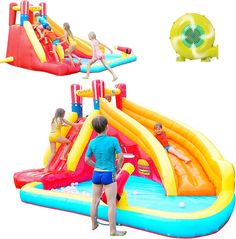 an inflatable water slide with two people playing on it and another person standing next to it