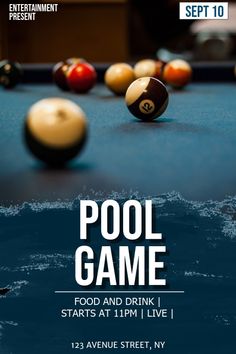 pool game flyer with billiards and balls on the table in front of it