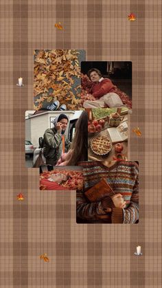 a collage of photos with people in the background and autumn leaves on the ground