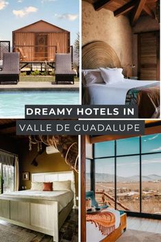 four different pictures with the words dream hotels in french and english, including an outdoor swimming pool