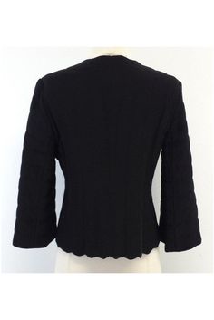 Size 8 Black Quilted Scalloped Jacket Body 72% Acetate 28% Silk Lining 100% Polyester Made in Italy Clasps on front Shoulder to Hem 20" Structured Black Blazer, Black Structured Blazer, Black Structured Evening Outerwear, Structured Black Evening Outerwear, Black Fitted Structured Blazer, Fitted Black Structured Blazer, Fitted Structured Black Blazer, Black Structured Outerwear For Spring, Structured Black Outerwear For Spring