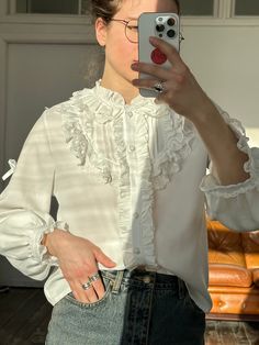 "Vintage 80s embroidered blouse in white, made of viscose and polyester, fits XS - S, decorated with stunning elements, very light, suits for formal and informal events, perfect condition, however, there is tie on the backside Measurements:  shoulders - 38 cm / 15\" sleeve - 56 cm / 22\" length - 56 cm / 22\" bust from armpit to armpit- 48 cm / 18.9\"" White Ruffled Shirt For Formal Occasions, Formal White Ruffled Shirt, White Fitted Feminine Shirt, Fitted Feminine White Shirt, Vintage White Formal Blouse, Vintage White Blouse For Formal Occasions, White Spring Blouse For Formal Occasions, Astrakhan Coat, Women Blouse