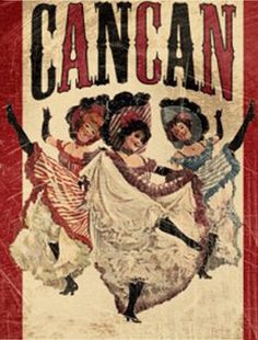 an advertisement for cancan on the side of a red and white striped sign with women dancing