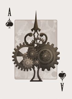 a clock with gears on it in the shape of a tree and four of spades