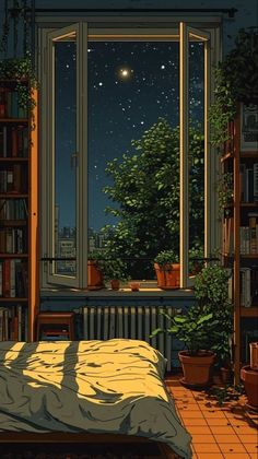 a bedroom with a bed, bookshelf and window overlooking the city at night