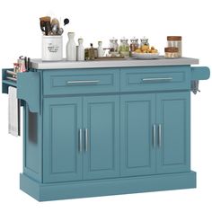 a blue kitchen island with stainless steel top and drawers on wheels is shown in front of a white background