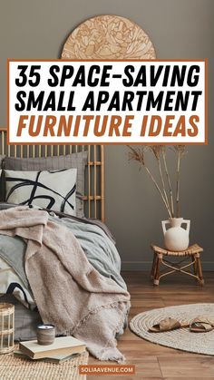 a bed sitting on top of a wooden floor next to a rug and table with plants