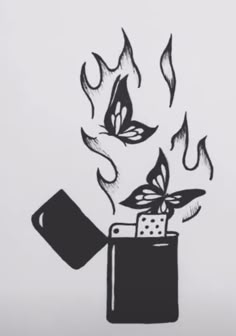 a black and white drawing of a lighter with fire coming out of it's top