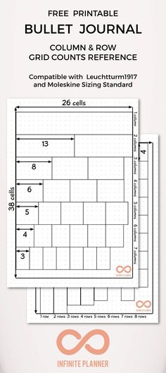 Bullet journal grid count reference.   I often find myself wanting to divide my bullet journal page into columns and rows, but need to figure out how many grid counts to include in each column/row. So I created these two reference pages to be included in my bullet journal. I decided to share them with you all too. Subscribe for the free printables! A5 Bullet Journal Layout, Creative Bullet Journal Ideas, Bullet Journal Grid, Organization Bullet Journal, Journal Organization, Planner Spreads, Bullet Journal Hacks, Bullet Journal Printables, Bullet Journal Ideas