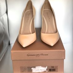 These Gianvito Rossi Heels Are A Stunning Addition To Any Wardrobe. The Rosa Patent Leather Adds A Pop Of Color To Any Outfit, While The 105mm Heel Elongates The Legs For A Chic Look. The Shoes Are New In Box, Never Worn, And Come With The Original Box And Shoe Bag. These Heels Are Perfect For A Special Occasion, A Night Out, Or Just To Add A Touch Of Luxury To Your Everyday Look. Calf Leather Heels With Almond Toe For Office, Chic Leather High Heel Court Shoes, Feminine Leather Closed Toe Court Shoes, Evening Cream Calf Leather Heels, Cream Calf Leather Heels For Evening, Chic Formal Heels With Leather Sole, Cream Heels With Leather Sole For Evening, Feminine Court Shoes With Sculpted Heel For Formal Occasions, Feminine Formal Heels With Padded Heel