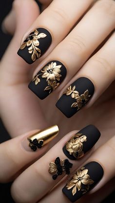 Black And Gold Flower Nails, Black Green Gold Nails, Cute Witchy Nails, Black Summer Nails Designs, Good Luck Nails, Elegant Fall Nails, Nail Art Painting, Black Gold Nails, Gold Nail Art