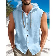 Season:Summer,Spring; Fabric:Cotton; Sleeve Length:Sleeveless; Look After Me:Washable,Wet and Dry Cleaning; Gender:Men's; Style:Fashion,Comfortable; Tops Type:Shirt,Button Up Shirt,Summer Shirt,Beach Wear; Occasion:Holiday,Hawaiian,Streetwear,Casual,Daily,Vacation; Pattern:Plain; Neckline:Hooded; Listing Date:06/20/2024; Bust:null; Length:null; Shoulder Width:null; Fit US Size:null; Fit UK Size:null; Fit EU Size:null Sleeveless Cotton Vest For Beach, Sleeveless Cotton Beach Vest, Beach Sleeveless Cotton Vest, Casual Sleeveless Beach Vest, Summer Beach Tank Top With Pockets, Sleeveless Buttoned Tank Top For Beach, Beach Tank Top With Pockets For Spring, Spring Beach Tank Top With Pockets, Casual Summer Tank Top With Pockets