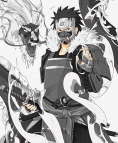 an anime character holding two swords and surrounded by other characters in black and white colors