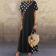 Black Silk Maxi Dress Never Worn Floryday Vestidos, Long Dress Plus Size, Stitching Dresses, Polka Dot Maxi Dresses, Fitted Maxi Dress, Printed Casual Dresses, Loose Maxi Dress, Shift Dresses, Short Sleeve Maxi Dresses