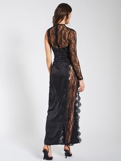 This one-lace-sleeve wonder boasts a high slit with scalloped lace trimming, creating a stunning silhouette. A teardrop-shaped cutout across the chest and sheer lace panels on both sides of the maxi dress add an extra touch of allure. Crafted from a gorgeous floral print stretch lace (unlined) and double duchess satin (lined), the dress features an invisible zipper at the center back for seamless closure. Perfect for a range of occasions, including holiday parties, a night out on the town, or ri Black Lace V Neck Dress, Boudiour Poses, Lace Wrap Dress, Duchess Satin, High Fashion Outfits, Lace Wrap, Guest Attire, Wedding Attire Guest, Lace Dress Long