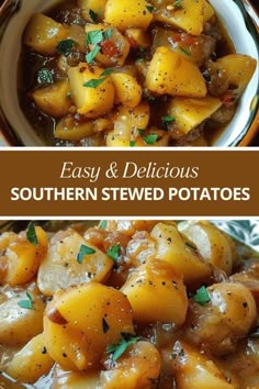 two pictures with different types of potatoes in them and the words easy and delicious southern stew potatoes