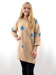 beige long sweater with blue stars on model from front Long Sleeve Sweater With Star Print For Fall, Long Sleeve Star Print Sweater For Fall, Knit Sweater With Star Print Long Sleeve, Trendy Crew Neck Sweater Dress For Winter, Oversized Star Print Sweater, Summer Concert, Blue Stars, Tunic Style, Style Sweater