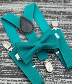 Teal Bow tie & Suspenders | Pocket Square | Ring Bearer Outfit | Boho Wedding | Groomsman Gift | Formal Wedding Party Teal Ring Bearer Outfit, Classic Suspenders For Suit And Tie At Party, Elegant Suspenders For Party Suit Accessories, Classic Wedding Belts And Suspenders With Bow Tie, Elegant Adjustable Belts And Suspenders For Black Tie, Elegant Party Belt With Bow, Classic Bow Tie With Suspenders For Party, Classic Party Bow Tie With Suspenders, Dapper Suspenders For Wedding