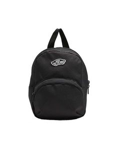 black mini backpack with skateboard 'vans off the wall' patch and front zip pocket Black Backpack With Ykk Zipper For Back To School, Black School Backpack With Ykk Zipper, School Backpack With Ykk Zipper In Black, Vans Bags For Back To School, Vans Bags For Students Back To School, Vans Backpack For School, Vans Backpack For Everyday And Back To School, Vans Backpack For Outdoor Activities, Functional Vans Bags For Outdoor Activities