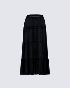 Serve top tier looks only with this black tiered maxi skirt 🙌 With a seductive and mystique look that will elevate any fit, this skirt is made from crinkle viscose gauze fabric and complete with an elastic waistband and an A-line style 🖤 Black Tiered Maxi Skirt, Black Off Shoulder, Tiered Maxi Skirt, Graphic Top, Gauze Fabric, White Jersey, Pocket Pants, White Mini Dress, Top Tier