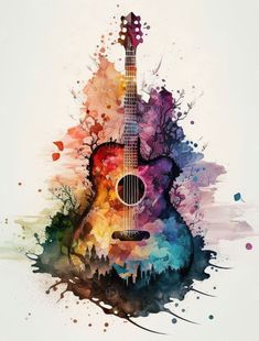 an acoustic guitar painted in watercolor