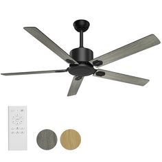 a ceiling fan with three blades and two remote controls next to it, including one light